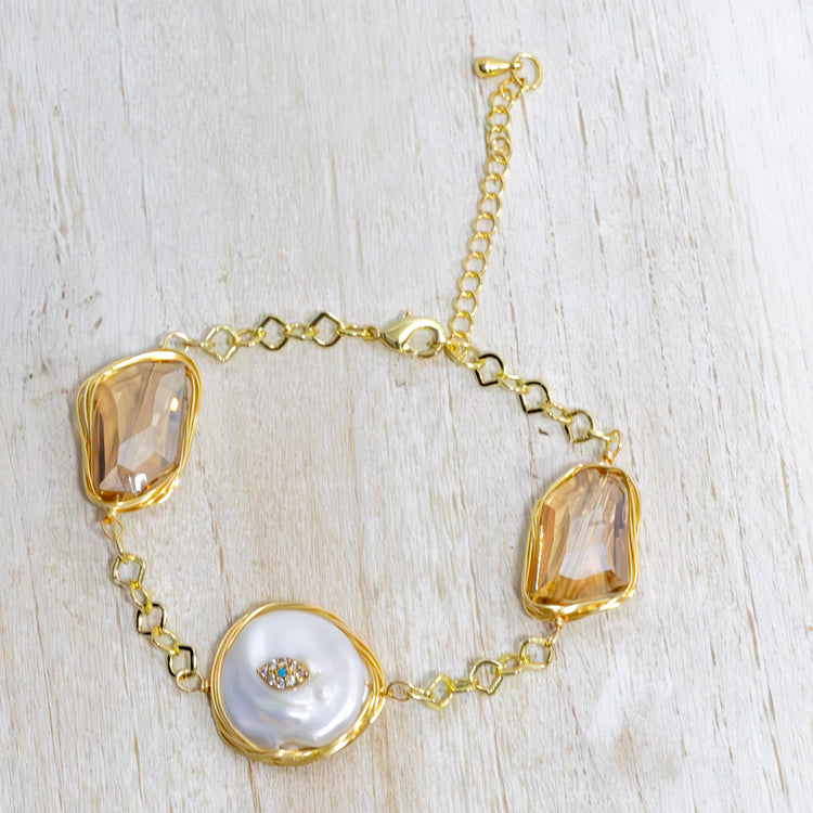 Rhodium plated Bracelet with pearl and crystal 2 per pack AFA97190