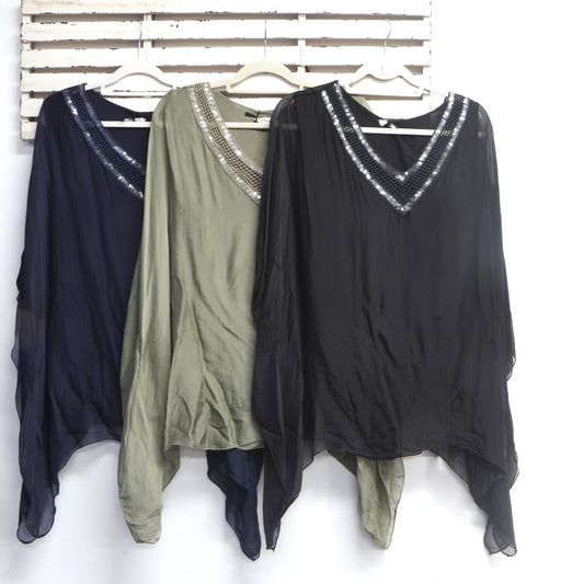 Black silk blend sequin v neck top with cotton inlay 2 per pack CB64929BL