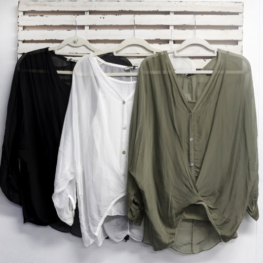 Black silk blend button shirt with hem detail and cotton singlet 2 per pack CB64945B