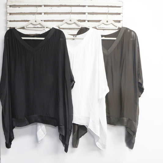 Black silk blend v neck top with cotton inlay and hem detail 2 per pack CB67046B