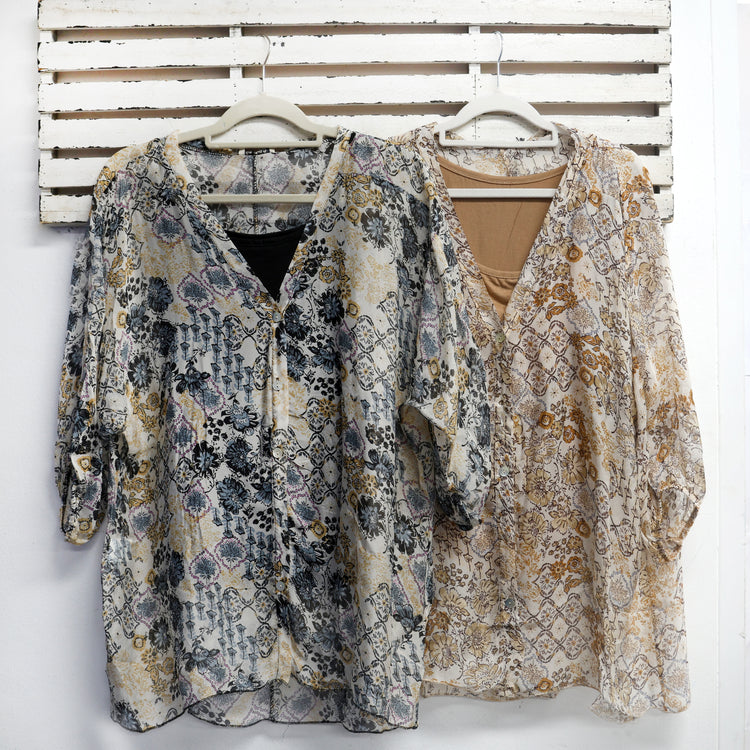 Black and cream silk blend print top with cotton singlet 2 per pack CB9142B