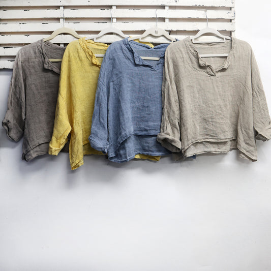 Blue linen top with round neck and 3/4 sleeves 2 per pack CC23100B