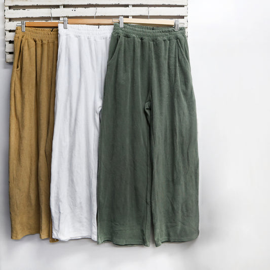 Khaki linen towelling pants with elastic waist and pockets 2 per pack CC26762K
