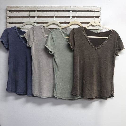 Blue cotton top with fray v neck and sleeve 2 per pack CE954304BL