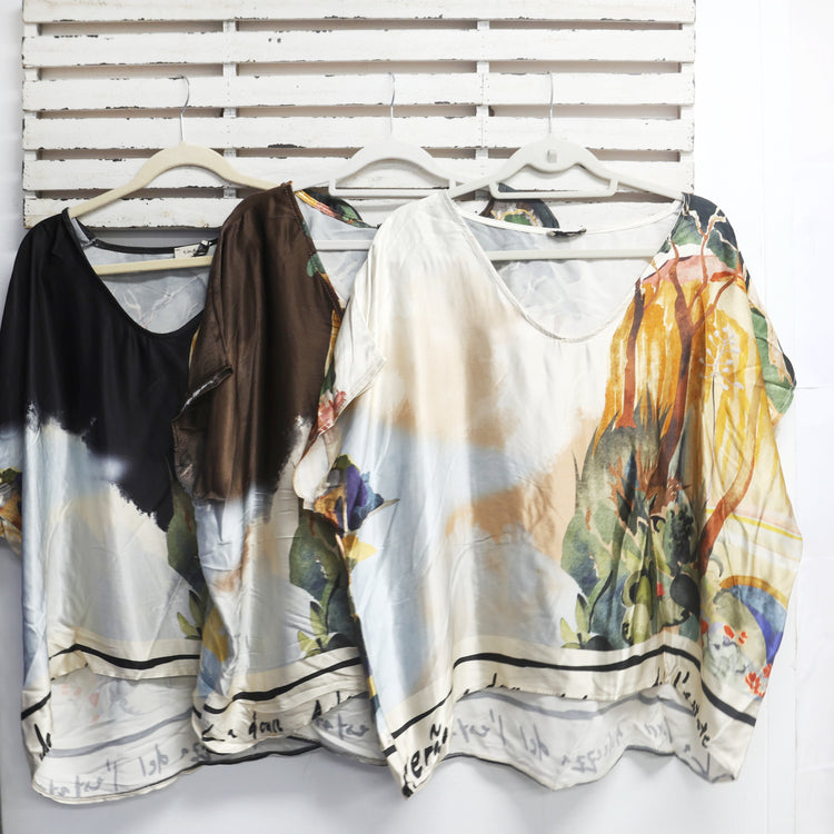 Black silk blend french print v neck top 2 per pack CE9749BL