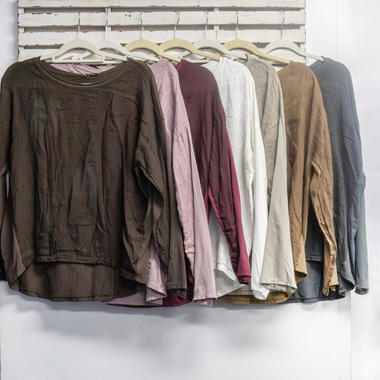 Blush cotton and linen round neck top with long sleeves 2 per pack CGA027BL