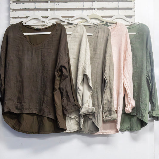 Black cotton back and linen front v neck top with long sleeves 2 per pack CGA040B