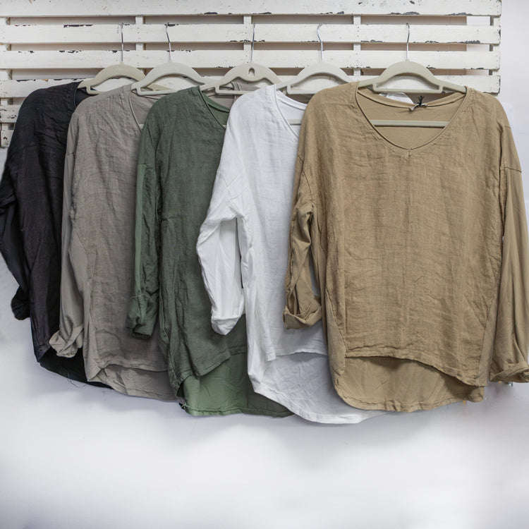 Black cotton back and linen front v neck top with long sleeves 2 per pack CGA040B