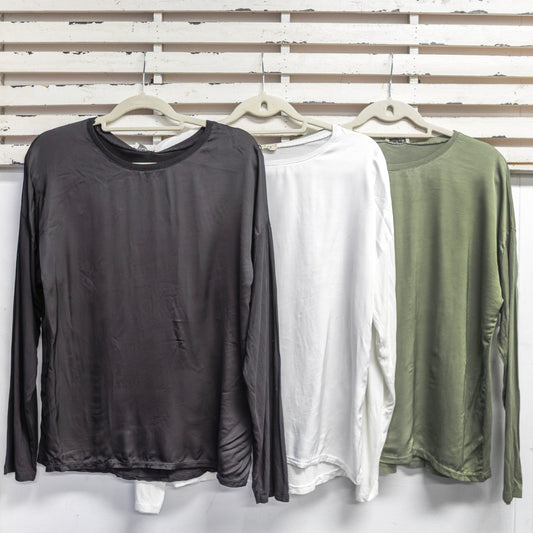 Black silk blend round neck top with cotton back and sleeves 2 per pack CGE001B