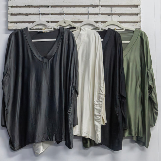 Black v neck silk detail with long sleeves and silk front and cotton back top 2 per pack CGG024BL