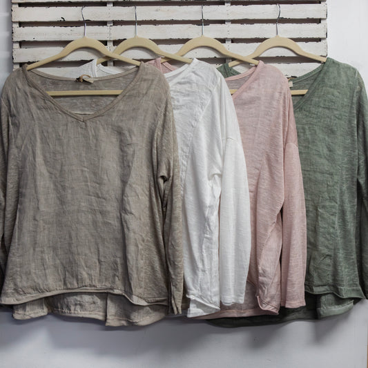 Khaki v neck linen long sleeve top with side panel 2 per pack CGG028K