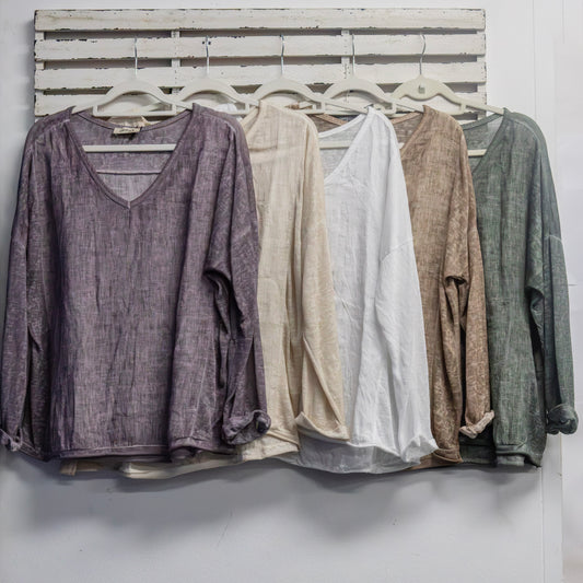 Fawn v neck linen long sleeve top with side panel 2 per pack CGG028F