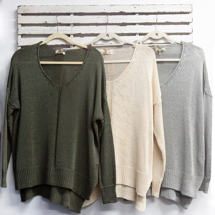 Khaki soft knit v neck with front detail and border 2 per pack      CGG4294K