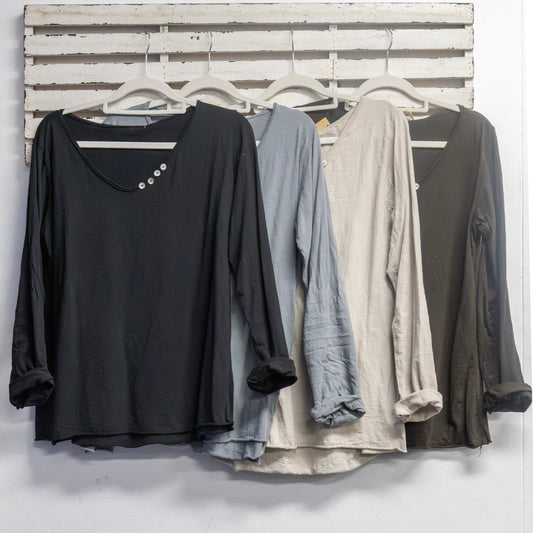 Black cotton v neck long sleeve top with button detail top 2 per pack CGL010BL