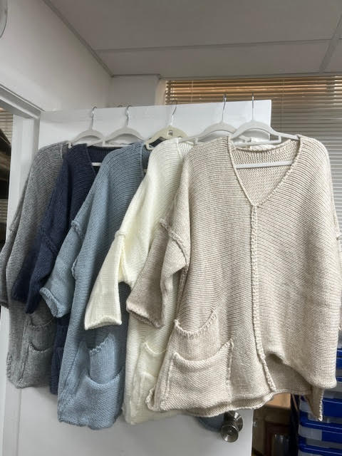 Blue wool blend jumper with v neck and pockets 2 per pack CGL037B