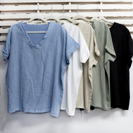 Black v neck linen front cotton back top 2 per pack CGM024B