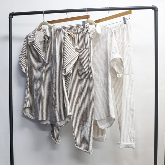 Chocolate cotton linen stripe v neck top 2 per pack CO22236CH