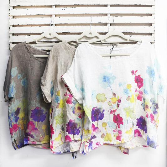 White linen flower print top with round neck 2 per pack CT23310