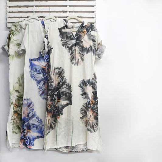 Natural and blue linen print dress with v neck and slits 2 per pack CT29340NB