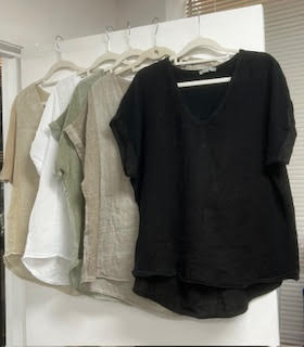 Black cotton v neck top with linen side panel 2 per pack CT3723B