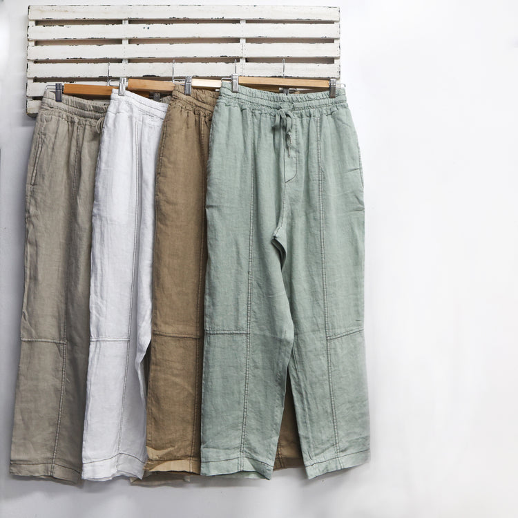 Khaki linen draw string pants with pockets and black stitching 2 per pack CU317K