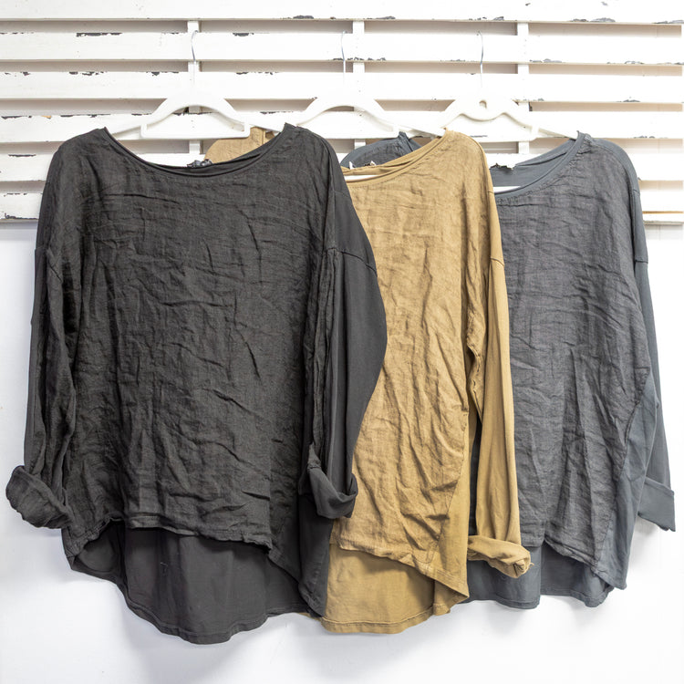 Tan cotton and linen round neck top with long sleeves 2 per pack CX027T