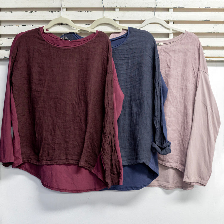 Tan cotton and linen round neck top with long sleeves 2 per pack CX027T