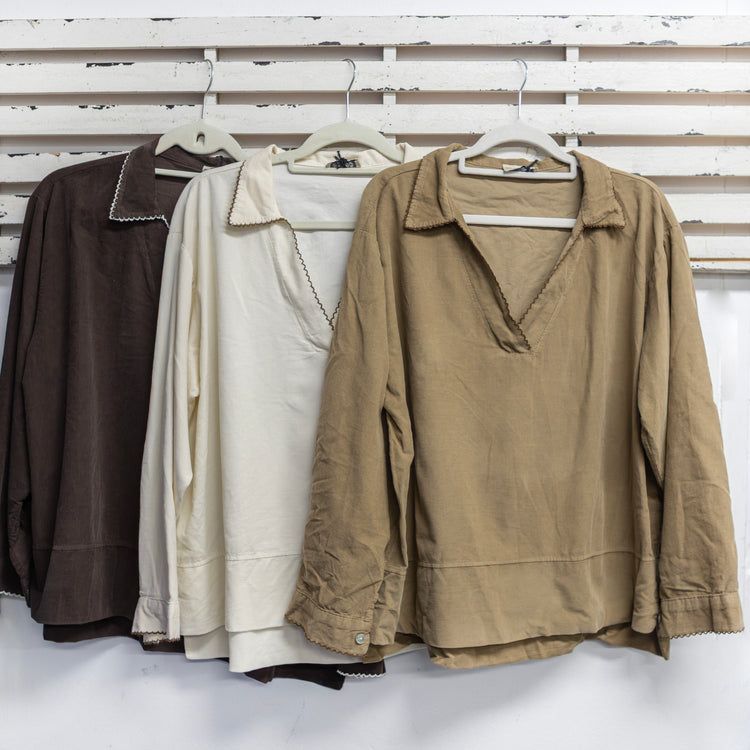 Cream cotton cord top with detailed v neck and cuffs 2 per pack CX839611C