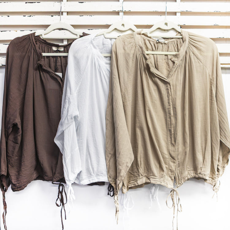 Chocolate cotton round neck button top with draw string hem 2 per pack CX85031CH