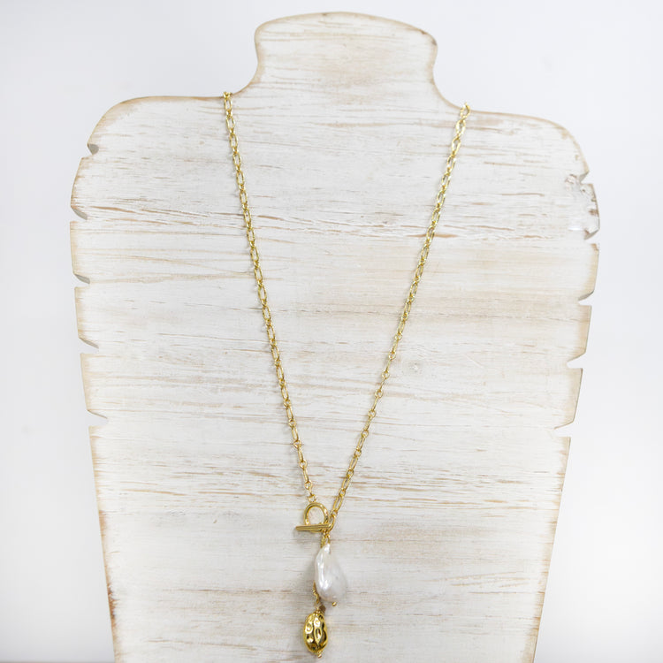 Long gold chain with pearl, fob and nugget charm 2 per pack DFA63902