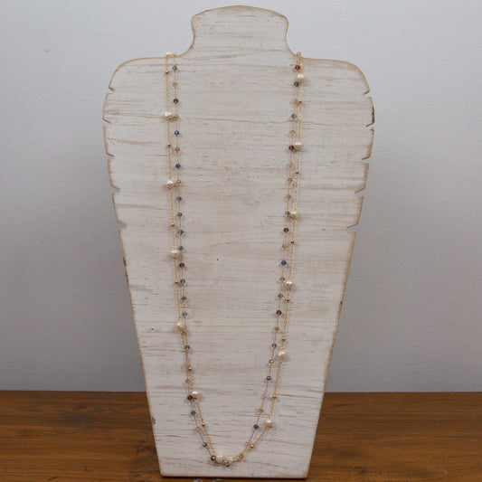 2 layer gold and coloured crystal and pearl necklace 2 per pack FG817