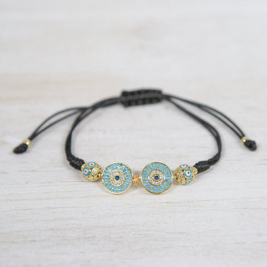 Black cord bracelet with gold and turquoise stone 2 per pack    FJ009B