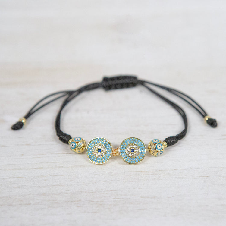 Black cord bracelet with gold and turquoise stone 2 per pack FJ009B