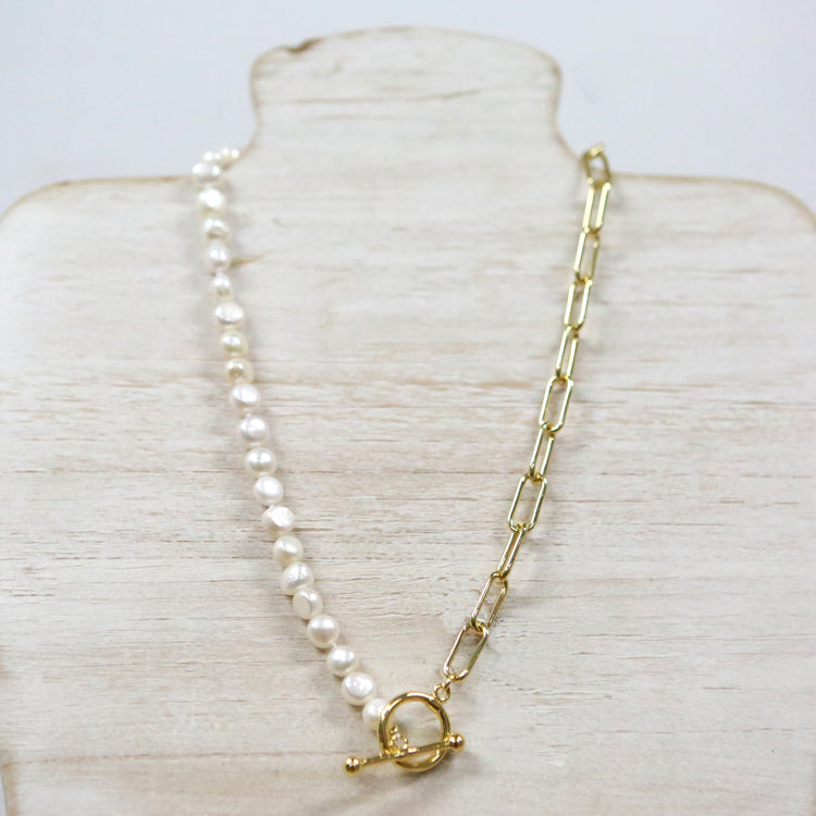 Pearl necklace with gold link chain and fob 2 per pack             FJ011N