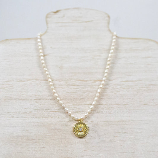 Pearl necklace with gold evil eye and diamond 2 per pack FJ013N