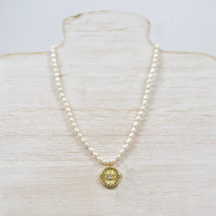 Pearl necklace with gold evil eye and diamond 2 per pack FJ013N