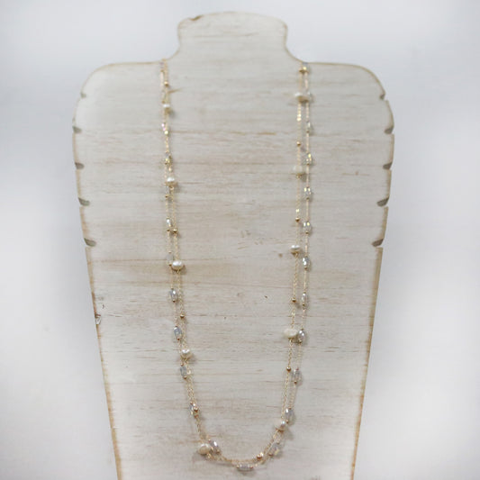 2 layered gold necklace with pearl and clear crystal 2 per pack    FJ020N