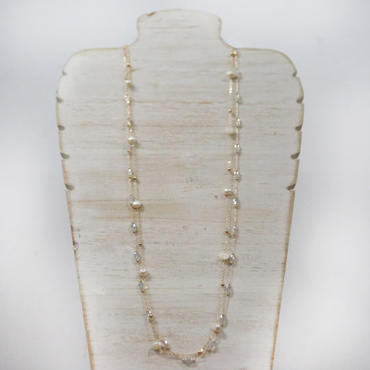 2 layered gold necklace with pearl and clear crystal 2 per pack FJ020N