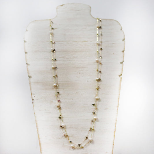 2 layered gold necklace with pearl and cut semi precious stone 2 per pack   FJ021N