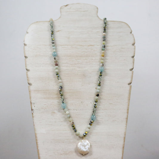 Teal and crystal with pearl charm necklace 2 per pack   FJ029N