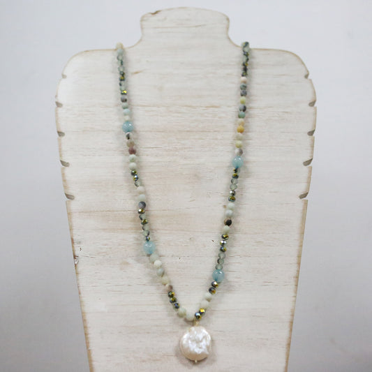 Teal and crystal with pearl charm necklace 2 per pack FJ029N