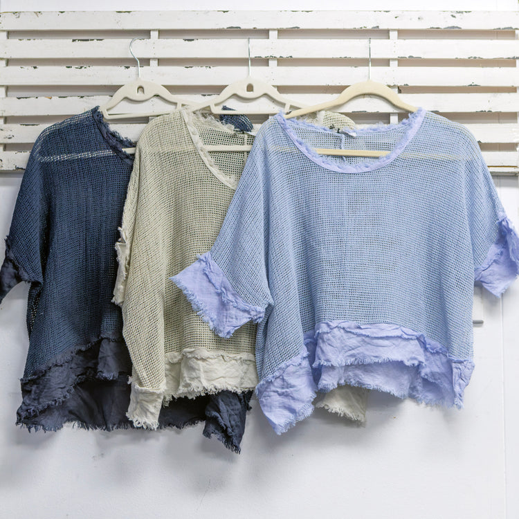 Blue cotton net top with fray detail 2 per pack G11932B