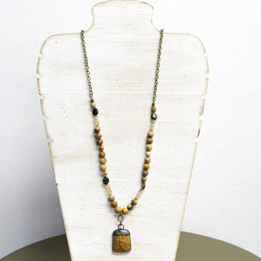 Antique gold necklace with natural wood and crystal with wood charm 2 per pack G1352A
