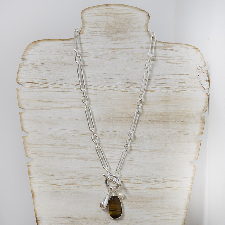 Silver plated necklace with fresh water pearl and tiger eye stone charm 2 per pack G1410502