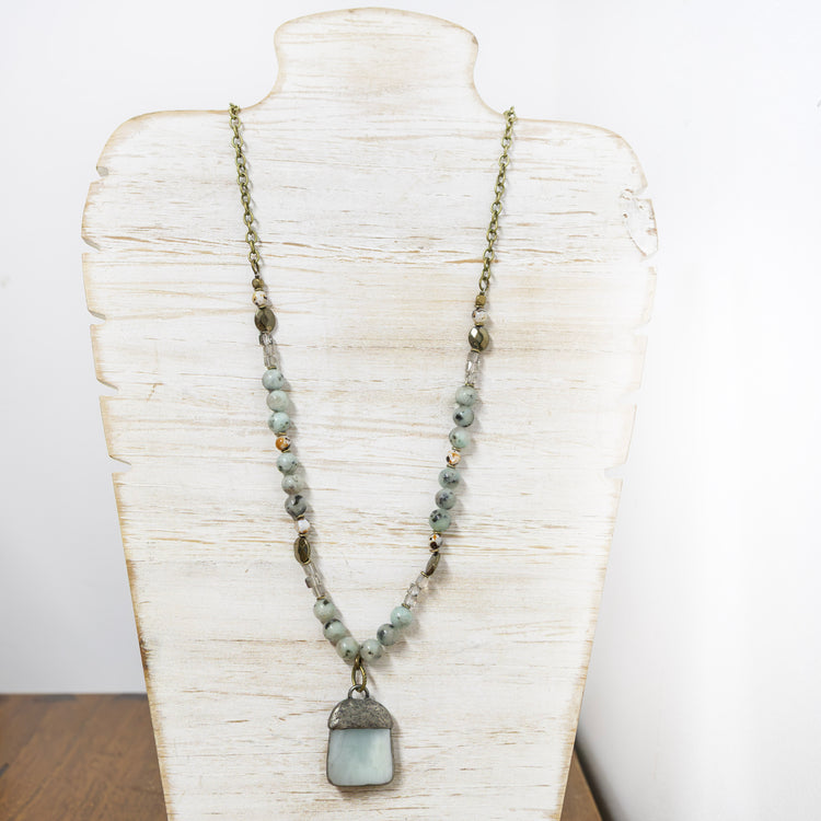 Antique gold necklace with aqua stone and charm 2 per pack G1433B