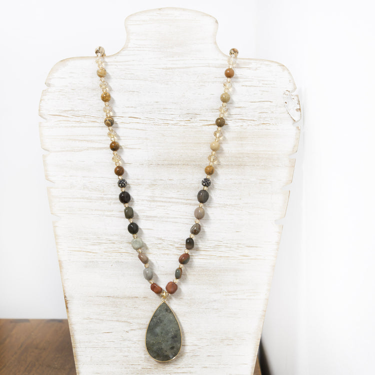 Natural stone and crystal necklace with large stone charm 2 per pack G1433D