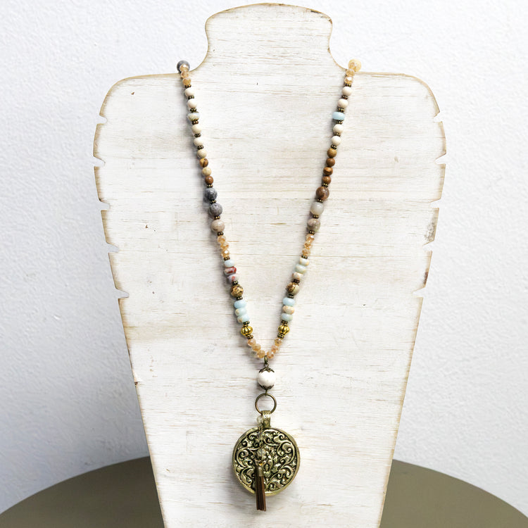 Crystal and wood necklace with enamel face charm 2 per pack G1454A