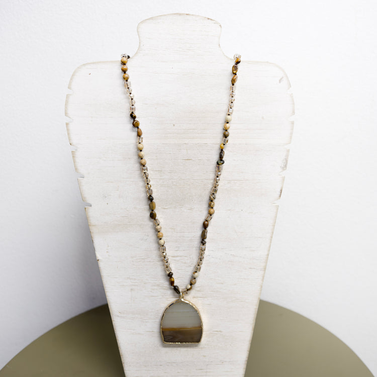 Crystal and wood necklace with stone and antique gold charm 2 per pack G1476B