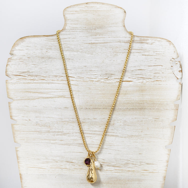 Gold plated necklace with fresh water pearl and tiger eye stone charm 2 per pack G1410501