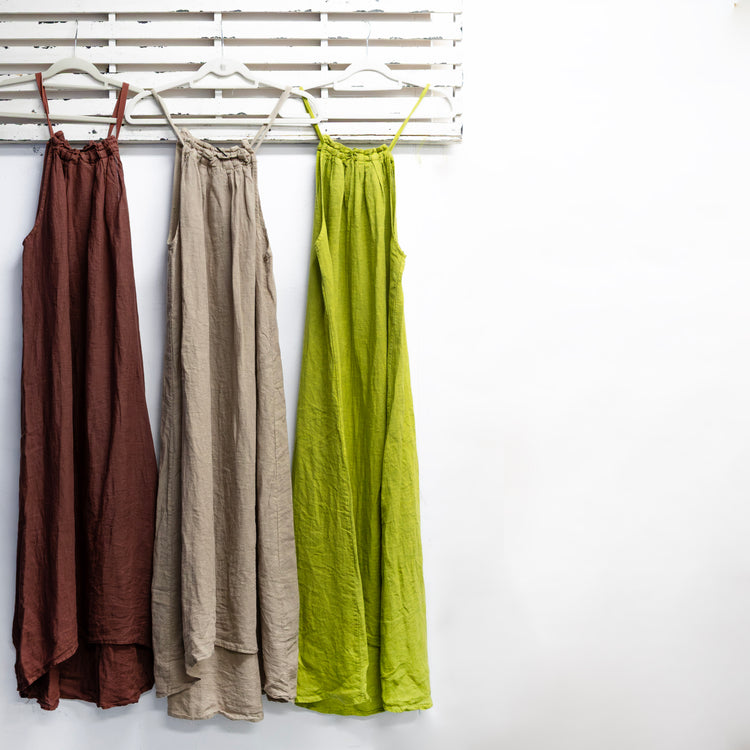 Almond linen shoe string dress with tie back 2 per pack G20950A